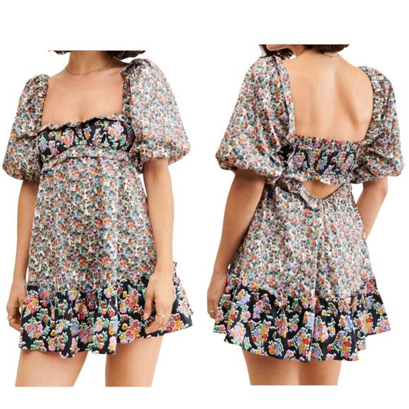 For Love And Lemons Dresses & Skirts - For Love & Lemons Floral Babydoll Mini Dress Cutout Puff Sleeve Medium